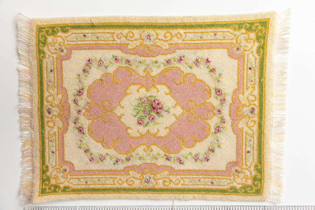 Dollhouse Miniature ~ Beautiful Green, PInk and Gold Petit Point Rug by Ursula Sauerberg