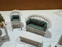 Load image into Gallery viewer, Dollhouse Miniature ~  Half Scale Artisan Peggy Taylor 9 Piece Wicker Outdoor Furniture Set With Plant
