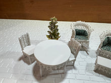 Load image into Gallery viewer, Dollhouse Miniature ~  Half Scale Artisan Peggy Taylor 9 Piece Wicker Outdoor Furniture Set With Plant
