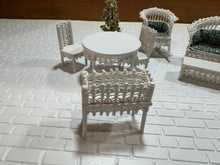 Load image into Gallery viewer, Dollhouse Miniature ~  Half Scale Artisan Peggy Taylor 9 Piece Wicker Outdoor Furniture Set With Plant
