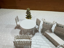 Load image into Gallery viewer, Dollhouse Miniature ~  Half Scale Artisan Peggy Taylor 9 Piece Wicker Outdoor Furniture Set With Plant
