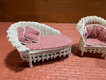 Load image into Gallery viewer, Dollhouse Miniature ~  Half Scale Artisan Peggy Taylor 3 Piece Wicker Outdoor Furniture Set
