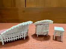 Load image into Gallery viewer, Dollhouse Miniature ~  Half Scale Artisan Peggy Taylor 3 Piece Wicker Outdoor Furniture Set
