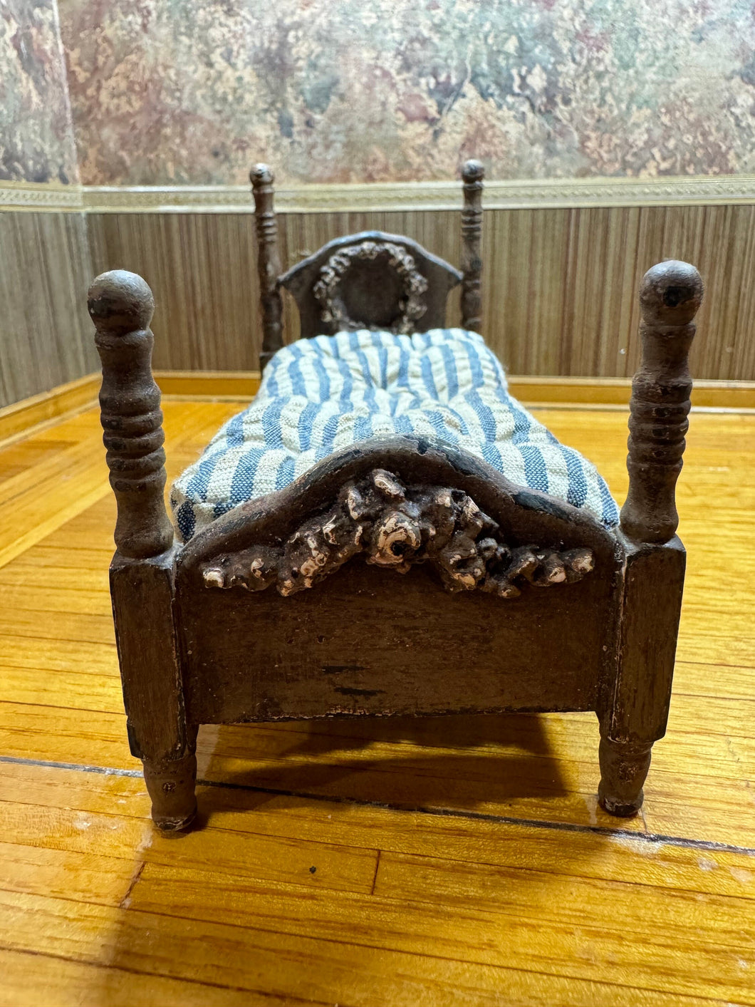 Dollhouse Miniature ~ Artisan Vera Handmade Blue Single Bed Shabby/Aged Style
