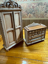 Load image into Gallery viewer, Dollhouse Miniature ~ Artisan Vera Handmade 2 Piece Wardrobe &amp; Dresser Set Shabby/Aged Style
