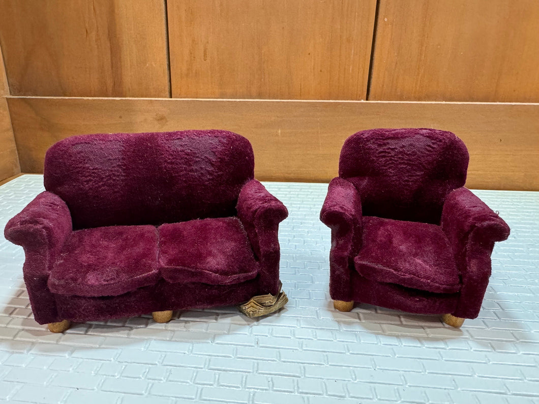 Dollhouse Miniatures ~ IGMA Artisan Sandra Knight Handmade Worn In 2 Piece Burgundy Sofa & Chair Set