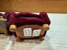 Load image into Gallery viewer, Dollhouse Miniatures ~ IGMA Artisan Sandra Knight Handmade Worn In 2 Piece Burgundy Sofa &amp; Chair Set
