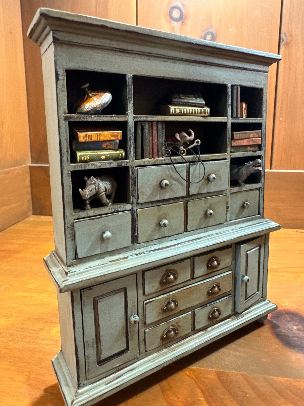 Dollhouse Miniature ~ Artisan Vera Handmade Decorated  Bookcase/Display Case Shabby/Aged Style