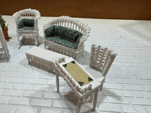 Load image into Gallery viewer, Dollhouse Miniature ~  Half Scale Artisan Peggy Taylor 9 Piece Wicker Outdoor Furniture Set With Plant
