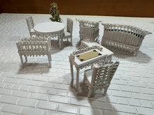 Load image into Gallery viewer, Dollhouse Miniature ~  Half Scale Artisan Peggy Taylor 9 Piece Wicker Outdoor Furniture Set With Plant
