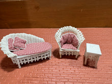 Load image into Gallery viewer, Dollhouse Miniature ~  Half Scale Artisan Peggy Taylor 3 Piece Wicker Outdoor Furniture Set
