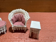 Load image into Gallery viewer, Dollhouse Miniature ~  Half Scale Artisan Peggy Taylor 3 Piece Wicker Outdoor Furniture Set
