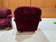 Load image into Gallery viewer, Dollhouse Miniatures ~ IGMA Artisan Sandra Knight Handmade Worn In 2 Piece Burgundy Sofa &amp; Chair Set
