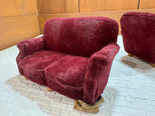 Load image into Gallery viewer, Dollhouse Miniatures ~ IGMA Artisan Sandra Knight Handmade Worn In 2 Piece Burgundy Sofa &amp; Chair Set
