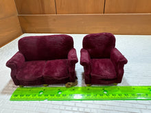 Load image into Gallery viewer, Dollhouse Miniatures ~ IGMA Artisan Sandra Knight Handmade Worn In 2 Piece Burgundy Sofa &amp; Chair Set
