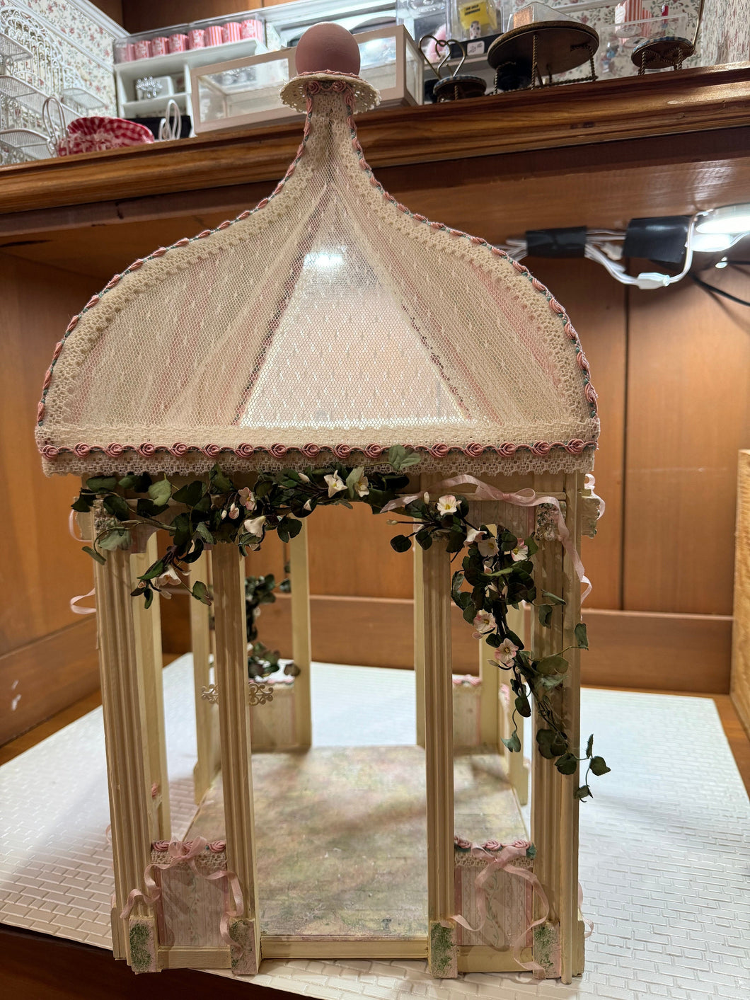 Dollhouse Miniature ~ Artisan Handmade Lawbre Gazebo with Flowers & Netting