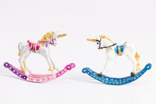 Load image into Gallery viewer, Artisan Hand Painted Pink or Blue Unicorn Rocking Horse - Metal Toy
