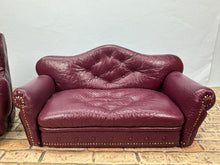Load image into Gallery viewer, Dollhouse Miniature ~ Vintage 1990’s Artisan Pat Tyler Handmade Burgundy Leather Chair &amp; Couch Set
