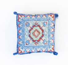 Load image into Gallery viewer, Dollhouse Miniature ~ Needlepoint Pillow with Blues &amp; Burgundy Decor - Ursula Sauerberg Estate
