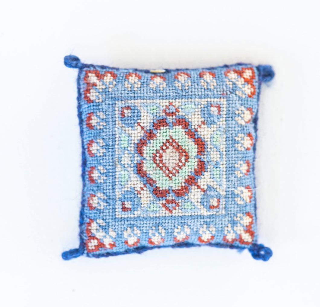 Dollhouse Miniature ~ Needlepoint Pillow with Blues & Burgundy Decor - Ursula Sauerberg Estate