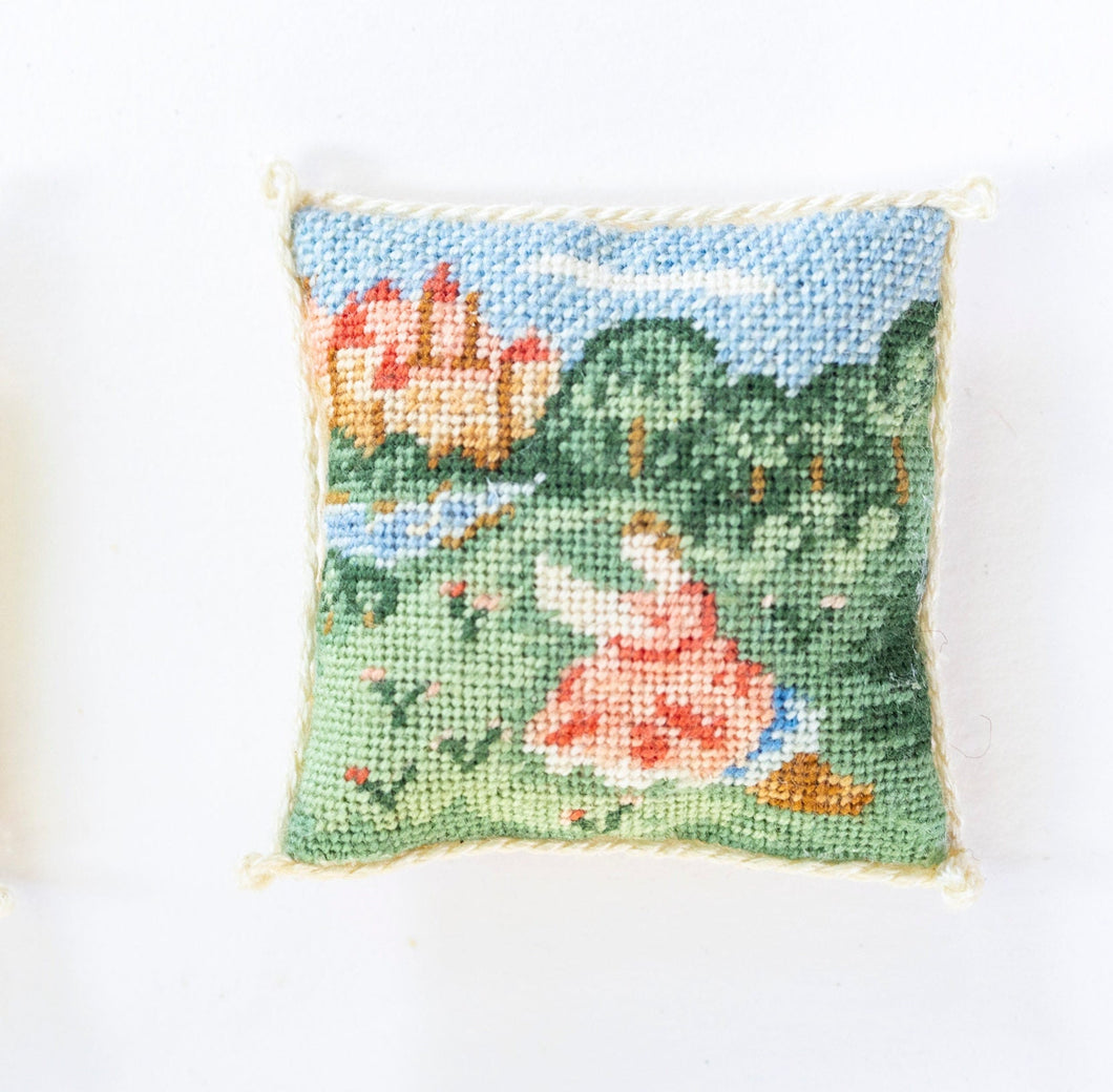 Needlepoint Pillow with Castle & Woman Design - Ursula Sauerberg Estate
