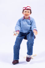 Load image into Gallery viewer, Dollhouse Miniature ~ Young Sculpted Boy Sitting on Stool in Soda Shop Outfit - Ursula Sauerberg Estate
