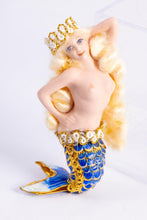 Load image into Gallery viewer, Dollhouse Miniature ~ Handmade Blonde Porcelain Mermaid Doll with Blue Cloisonne Tail
