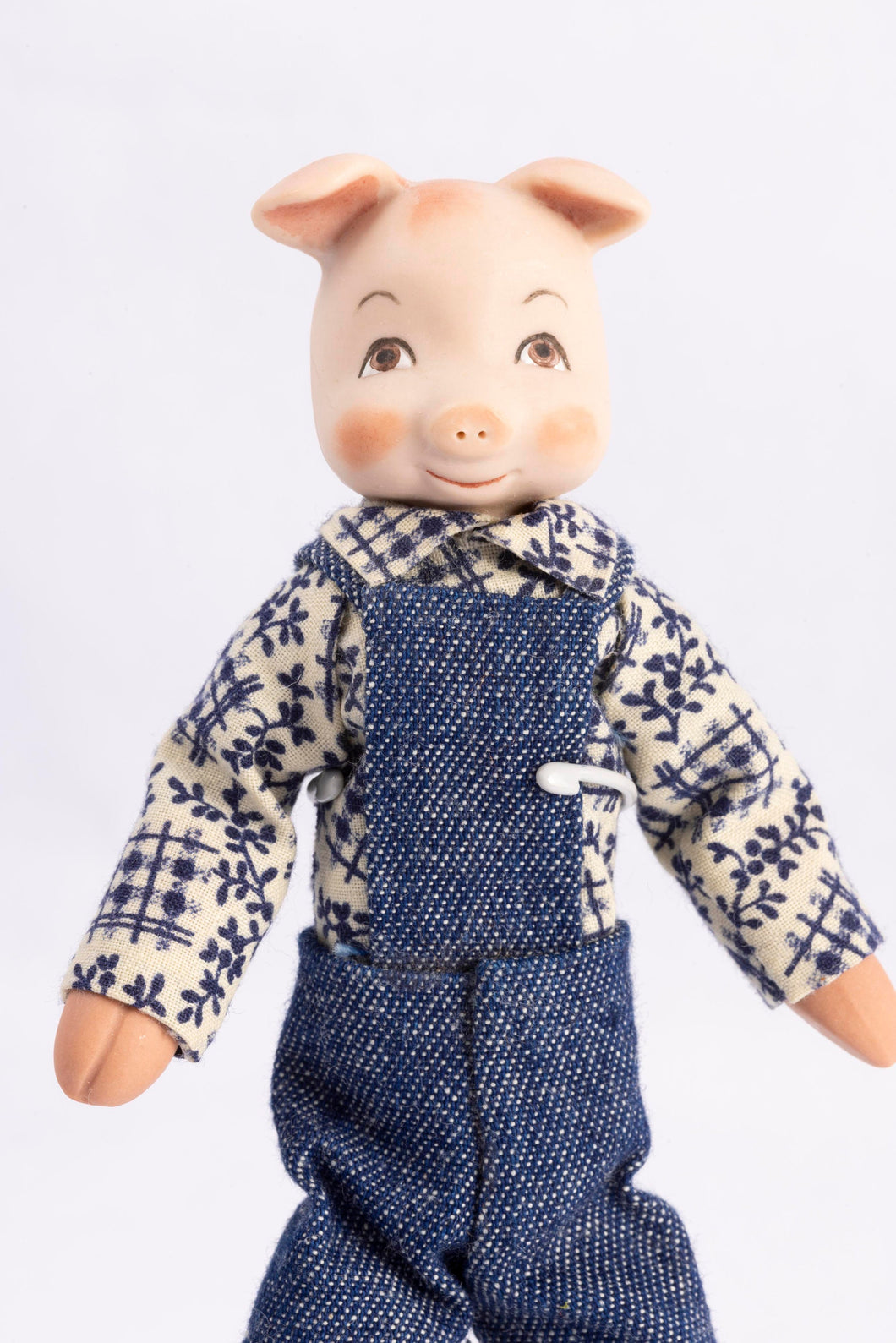 Handmade Porcelain Male Pig Doll in Overalls
