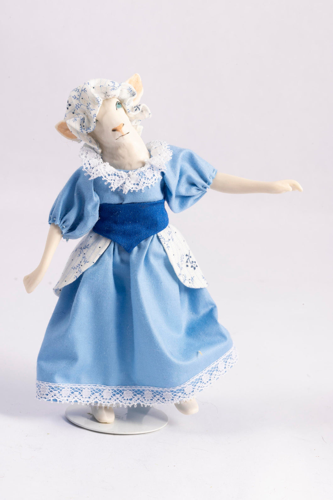 Dollhouse Miniature ~ Anthropomorphic White Sheep Doll in Blue Dress