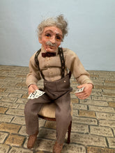 Load image into Gallery viewer, Dollhouse Miniature ~ Artisan Hand Sculpted Man Playing Cards Doll Sitting In Chair
