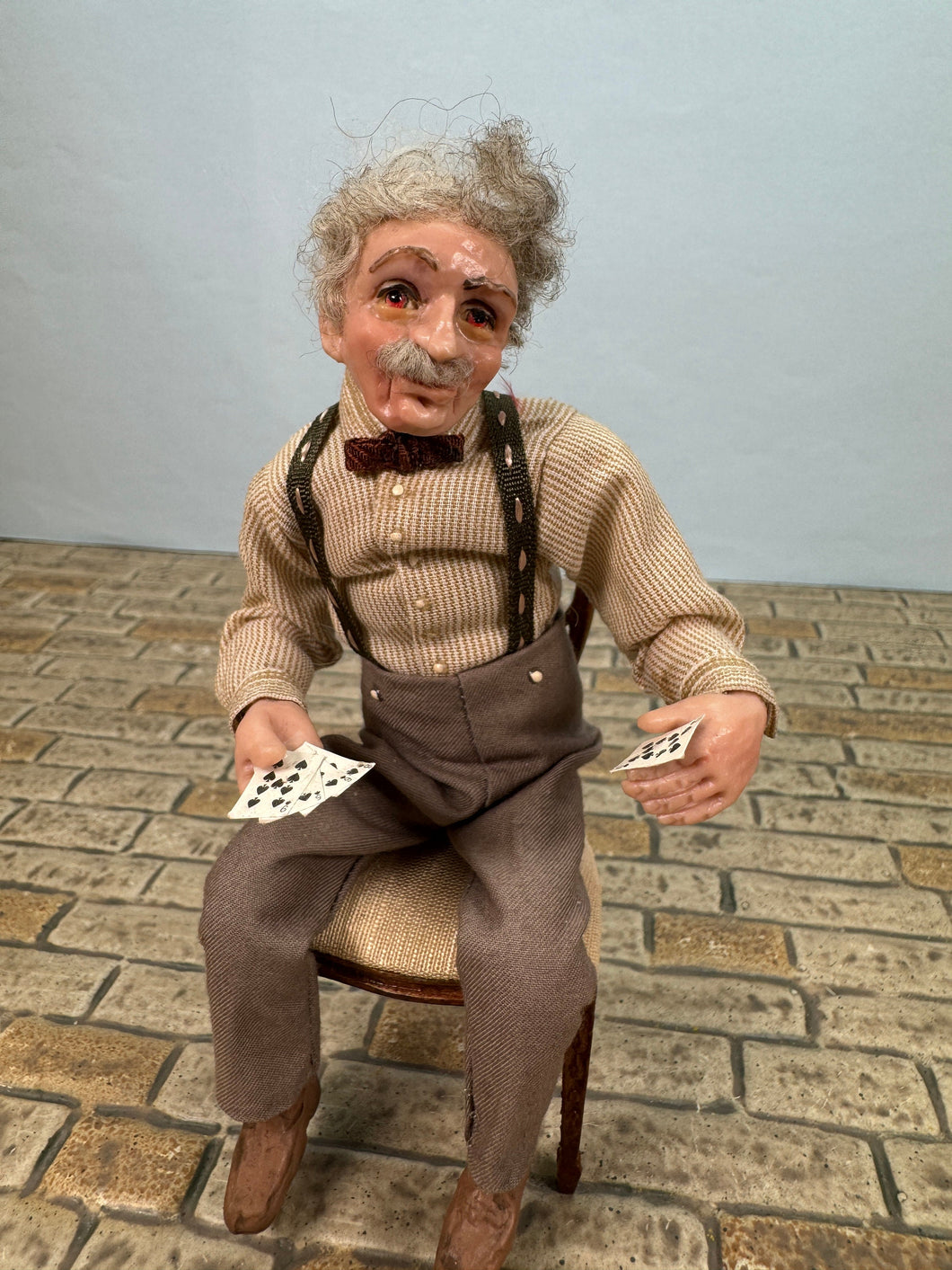 Dollhouse Miniature ~ Artisan Hand Sculpted Man Playing Cards Doll Sitting In Chair