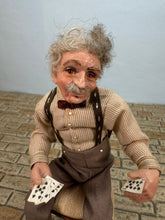 Load image into Gallery viewer, Dollhouse Miniature ~ Artisan Hand Sculpted Man Playing Cards Doll Sitting In Chair
