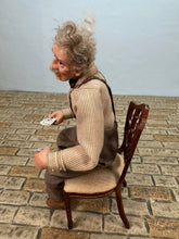 Load image into Gallery viewer, Dollhouse Miniature ~ Artisan Hand Sculpted Man Playing Cards Doll Sitting In Chair
