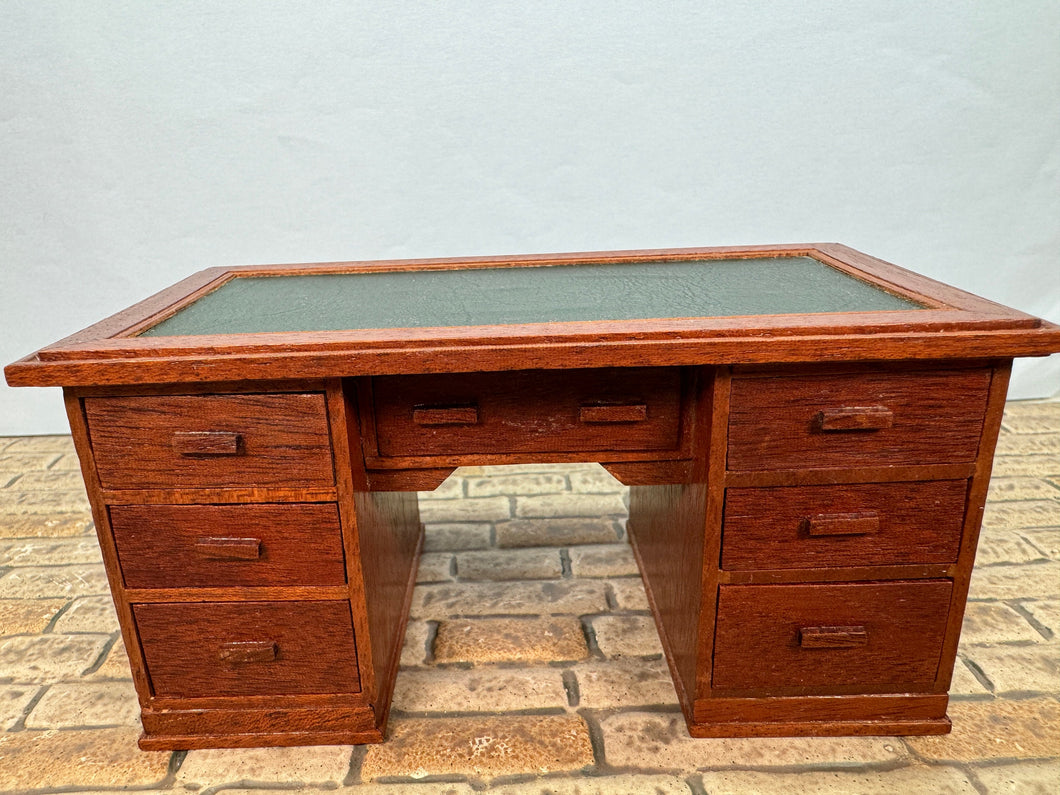 Vintage Artisan Signed 1982 Handmade Wooden 7 Drawer Desk With Green Leather Top