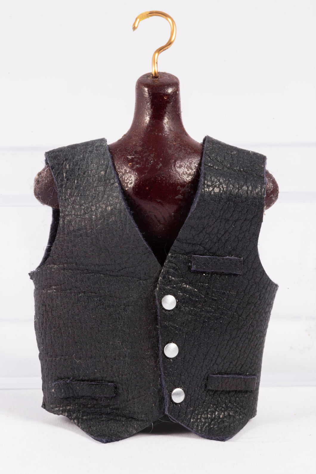 Dollhouse Miniature ~ Artisan Made Men's Black Leather Vest with Wooden Hanger