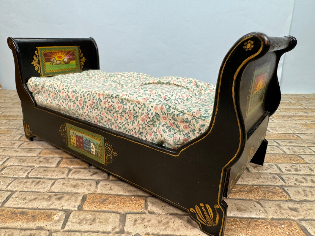 Dollhouse Miniature ~ Artisan Handmade Hand Painted Sleigh Bed With Handmade Matress