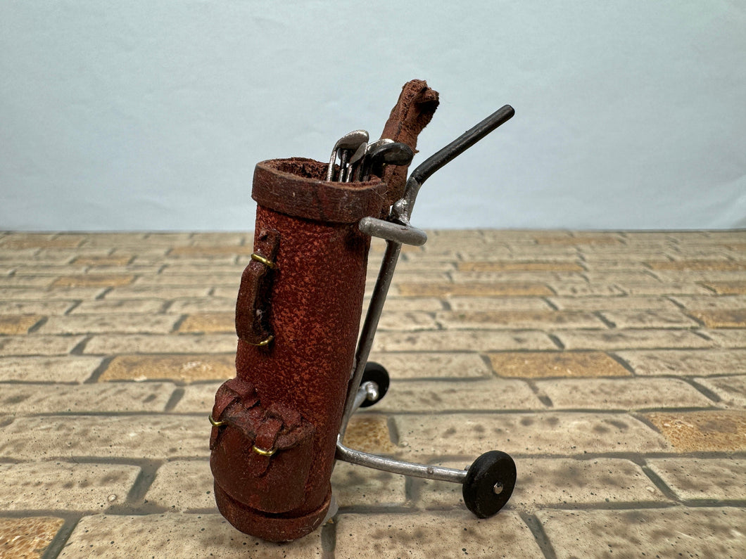 Dollhouse Miniature ~ Artisan Handmade Leather Golf Bag With Walking Cart