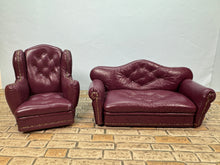 Load image into Gallery viewer, Dollhouse Miniature ~ Vintage 1990’s Artisan Pat Tyler Handmade Burgundy Leather Chair &amp; Couch Set
