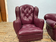 Load image into Gallery viewer, Dollhouse Miniature ~ Vintage 1990’s Artisan Pat Tyler Handmade Burgundy Leather Chair &amp; Couch Set
