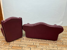 Load image into Gallery viewer, Dollhouse Miniature ~ Vintage 1990’s Artisan Pat Tyler Handmade Burgundy Leather Chair &amp; Couch Set
