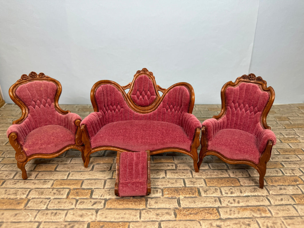 Dollhouse Miniature ~ Vintage Artisan Pat Leonetta Handmade Victorian 4 Piece Sofa & Chair Set