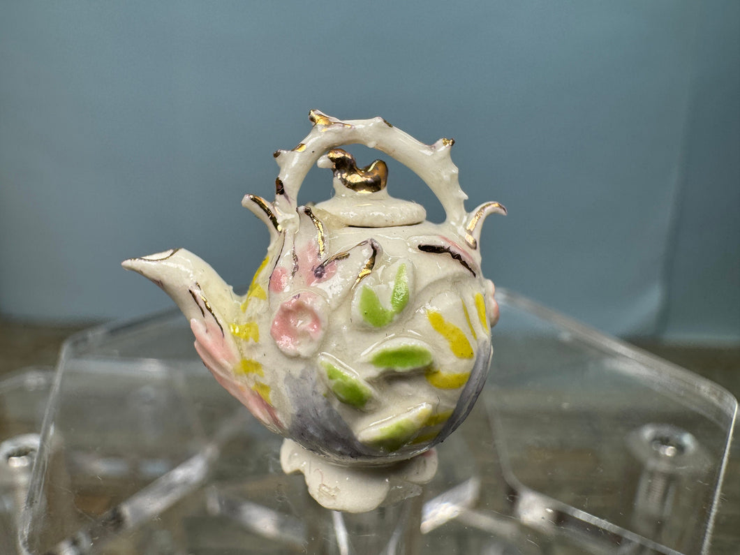 Dollhouse Miniature ~ Artisan Handmade Porcelain Teapot White & Gold With Flowers