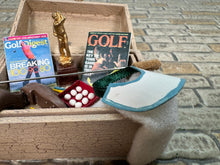 Load image into Gallery viewer, Dollhouse Miniature ~ Artisan Taylor Jade Handmade Decorated Chest Golf Accessories

