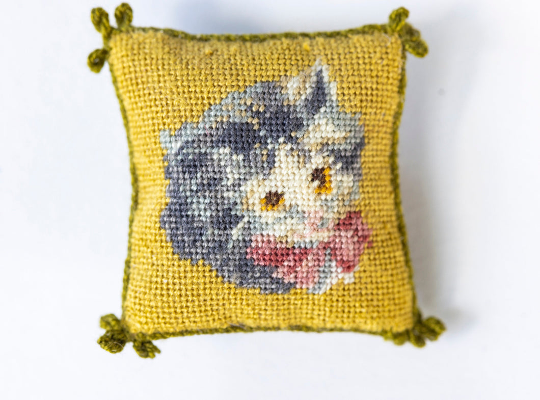 Needlepoint Pillow with a Gray Cat Design - Ursula Sauerberg Estate