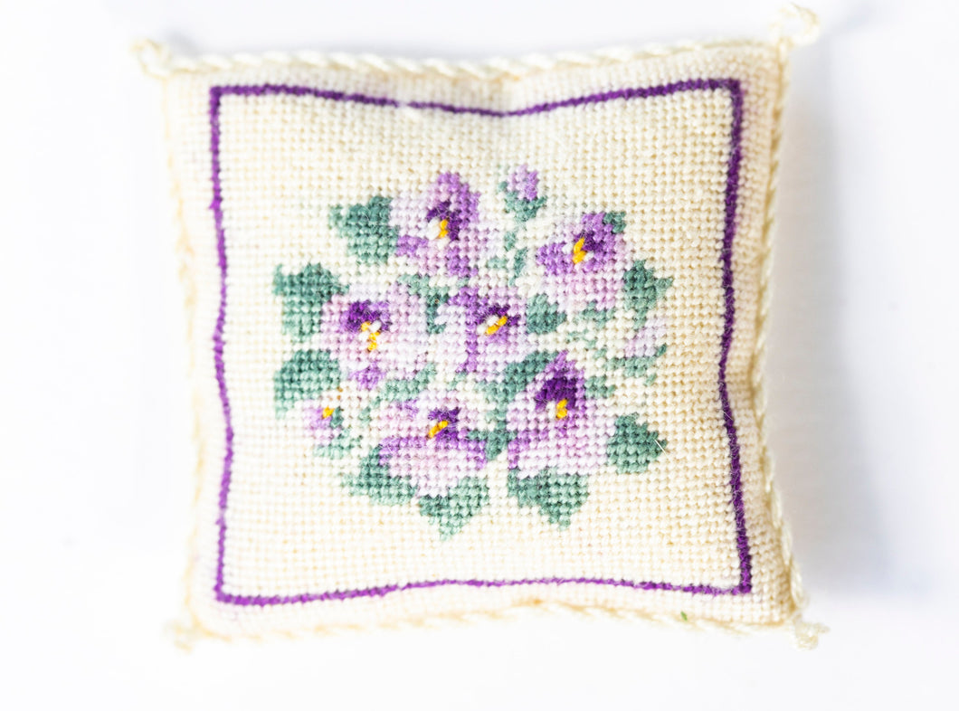 Needlepoint Pillow with Purple Pansies Floral Design - Ursula Sauerberg Estate