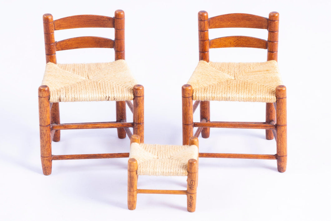 Dollhouse Miniature ~ George Hoffman Set of 2 Chairs & Foot Stool