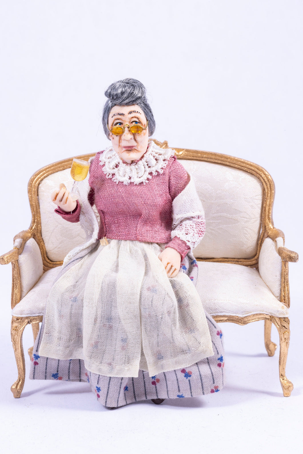 Dollhouse Miniature ~ Twin Minis Sculpted Older Lady Doll In Sitting Position