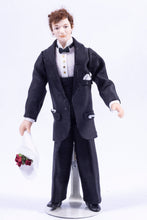 Load image into Gallery viewer, Dollhouse Miniature ~ Gentleman Doll with Bouquet of Flowers, Wearing a Suit
