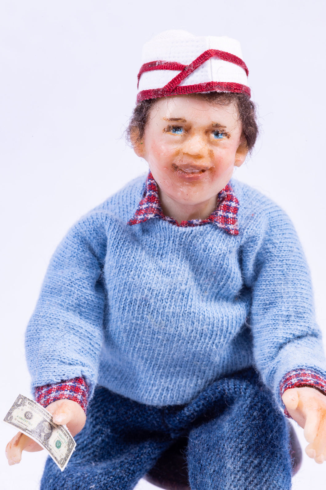 Dollhouse Miniature ~ Young Sculpted Boy Sitting on Stool in Soda Shop Outfit - Ursula Sauerberg Estate