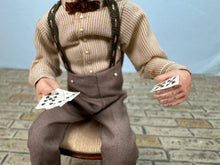 Load image into Gallery viewer, Dollhouse Miniature ~ Artisan Hand Sculpted Man Playing Cards Doll Sitting In Chair
